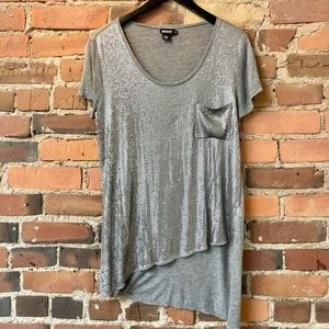 Vintage DKNY Short Sleeve Round Neck Silver Sequinned Top. Size: Medium.